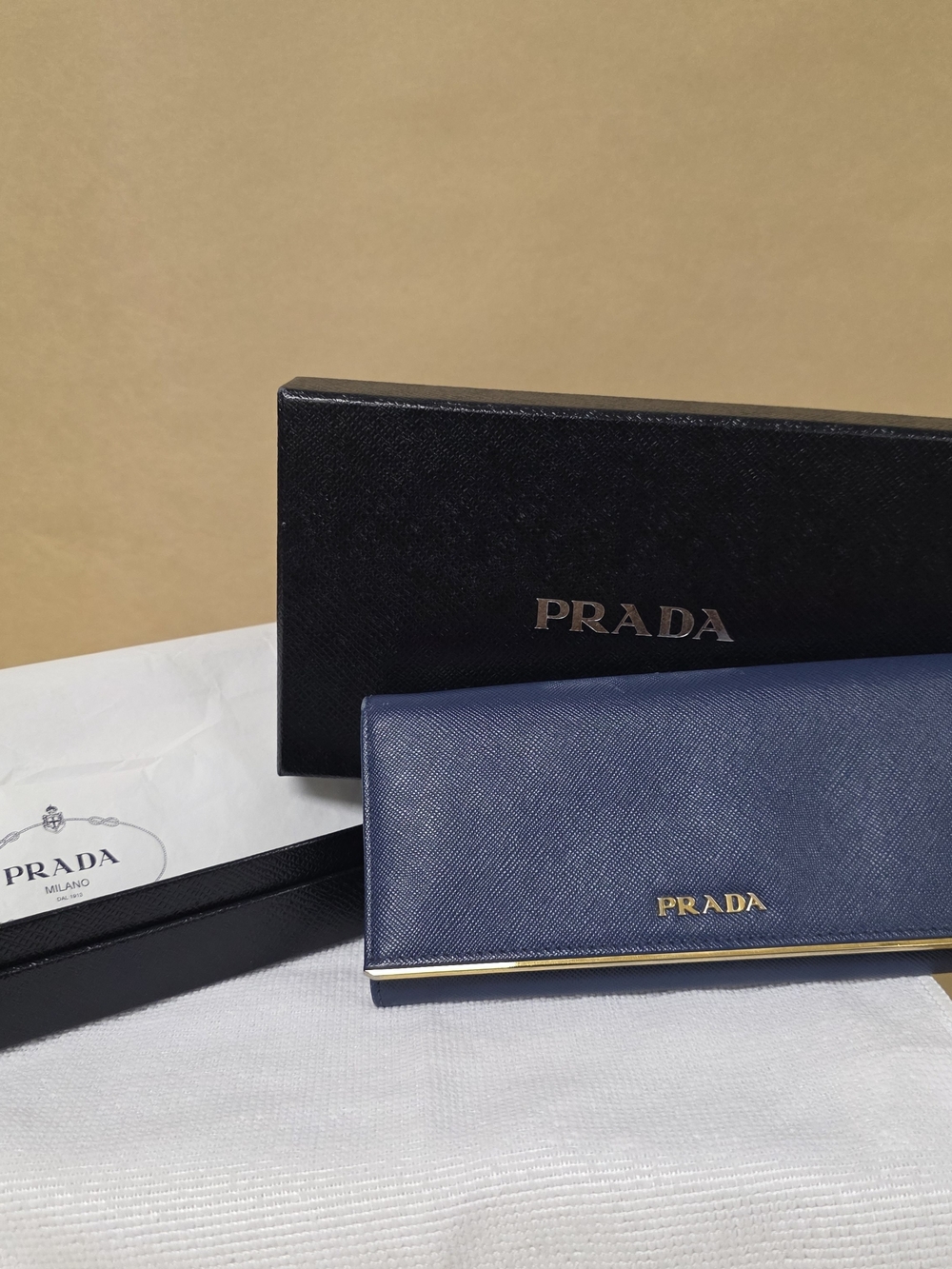 Prada Navy Leather Logo Continental Wallet